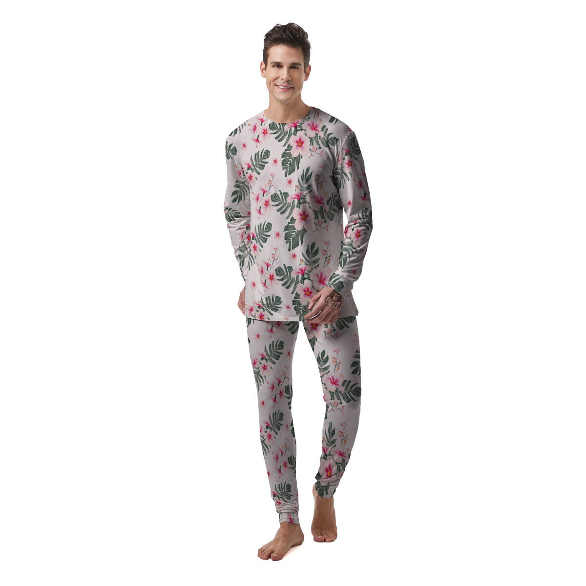 Tropical Pink Hibiscus Print Pattern Men's Pajamas-grizzshop