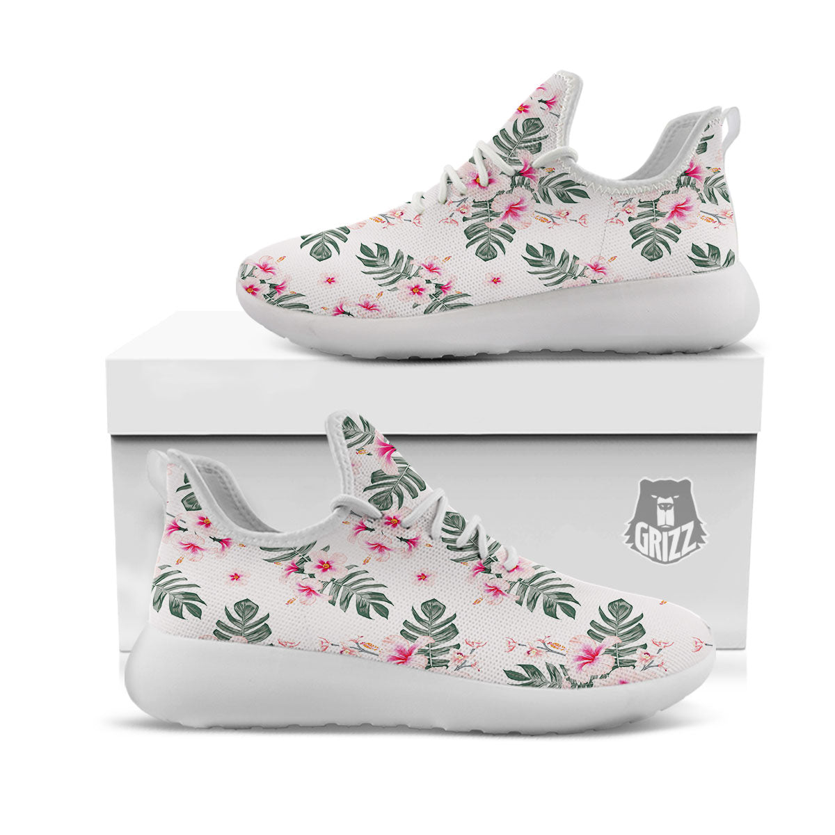 Tropical Pink Hibiscus Print Pattern White Athletic Shoes-grizzshop