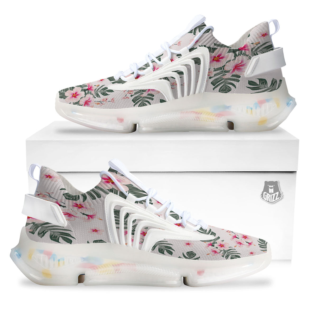 Tropical Pink Hibiscus Print Pattern White Gym Shoes-grizzshop