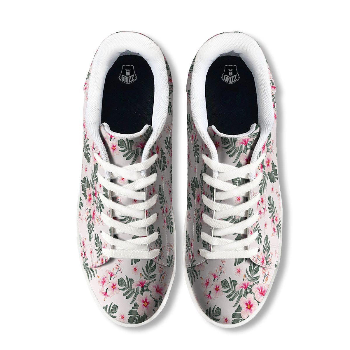 Tropical Pink Hibiscus Print Pattern White Low Top Sneakers-grizzshop