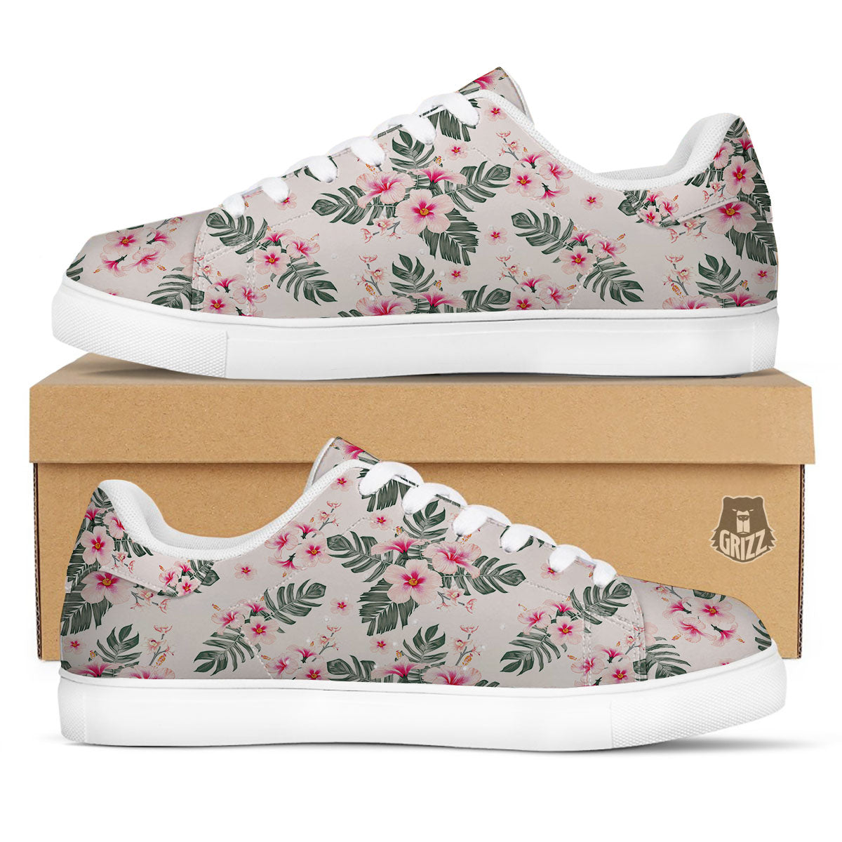 Tropical Pink Hibiscus Print Pattern White Low Top Sneakers-grizzshop