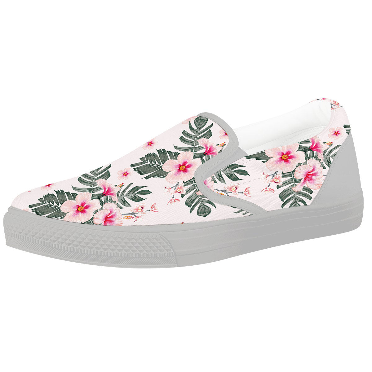 Tropical Pink Hibiscus Print Pattern White Slip On Shoes-grizzshop