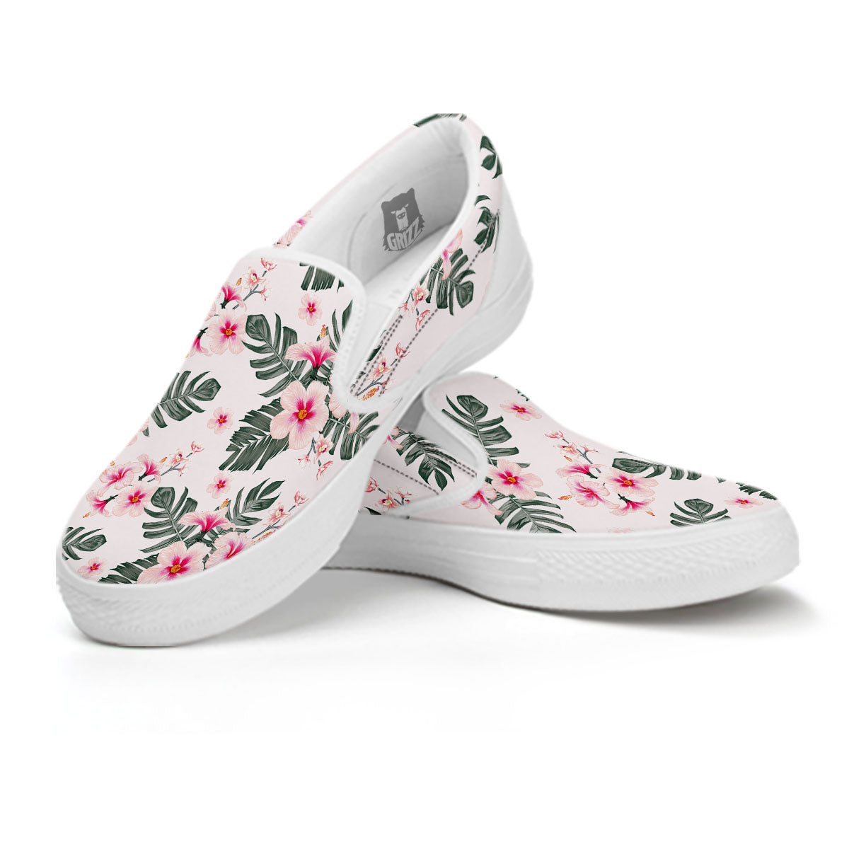 Tropical Pink Hibiscus Print Pattern White Slip On Shoes-grizzshop