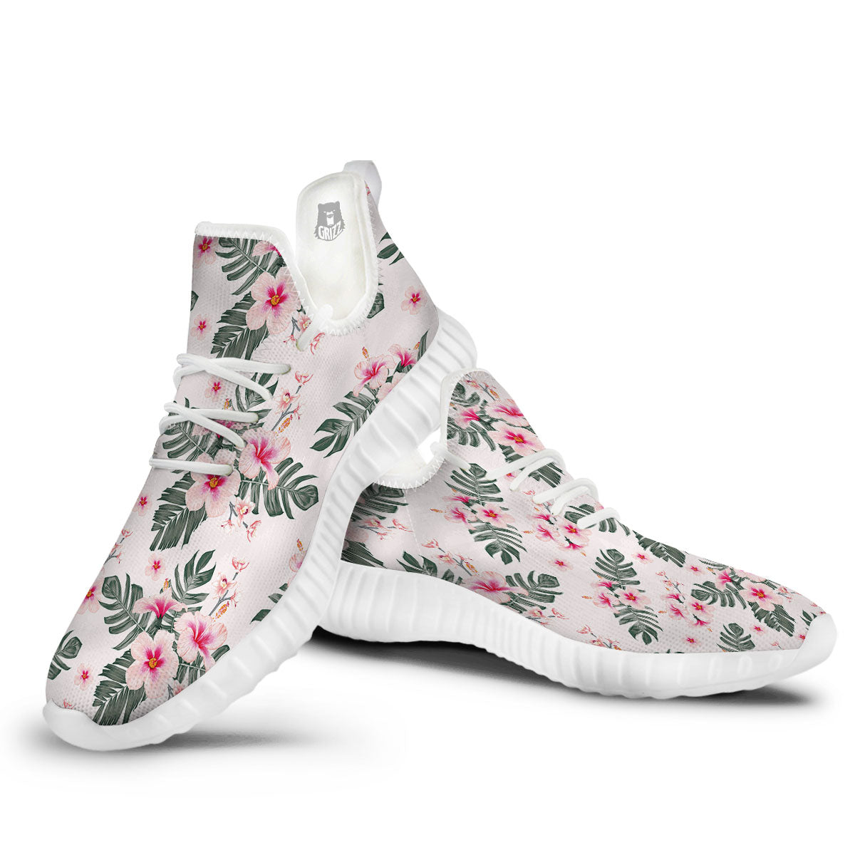 Tropical Pink Hibiscus Print Pattern White Walking Shoes-grizzshop