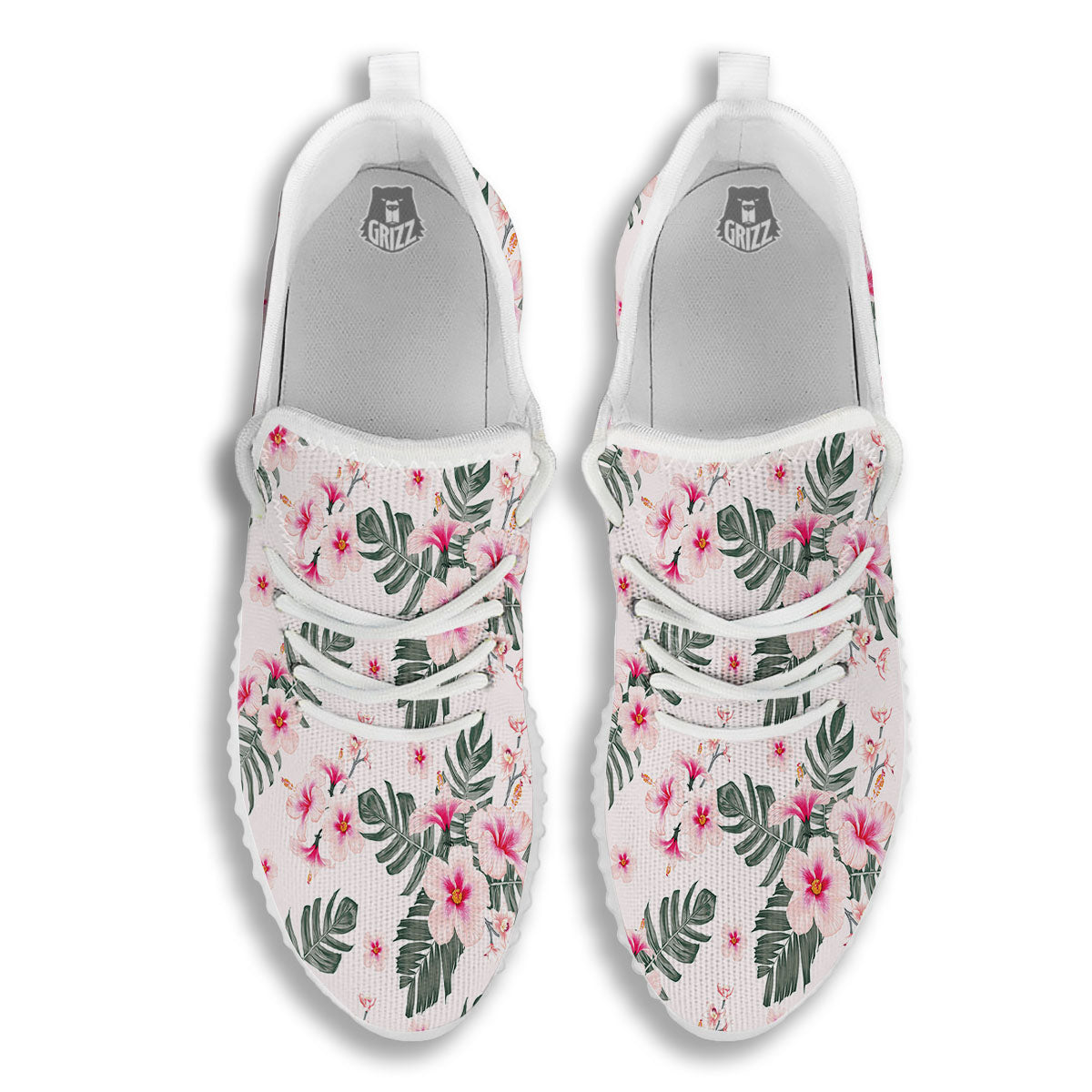 Tropical Pink Hibiscus Print Pattern White Walking Shoes-grizzshop