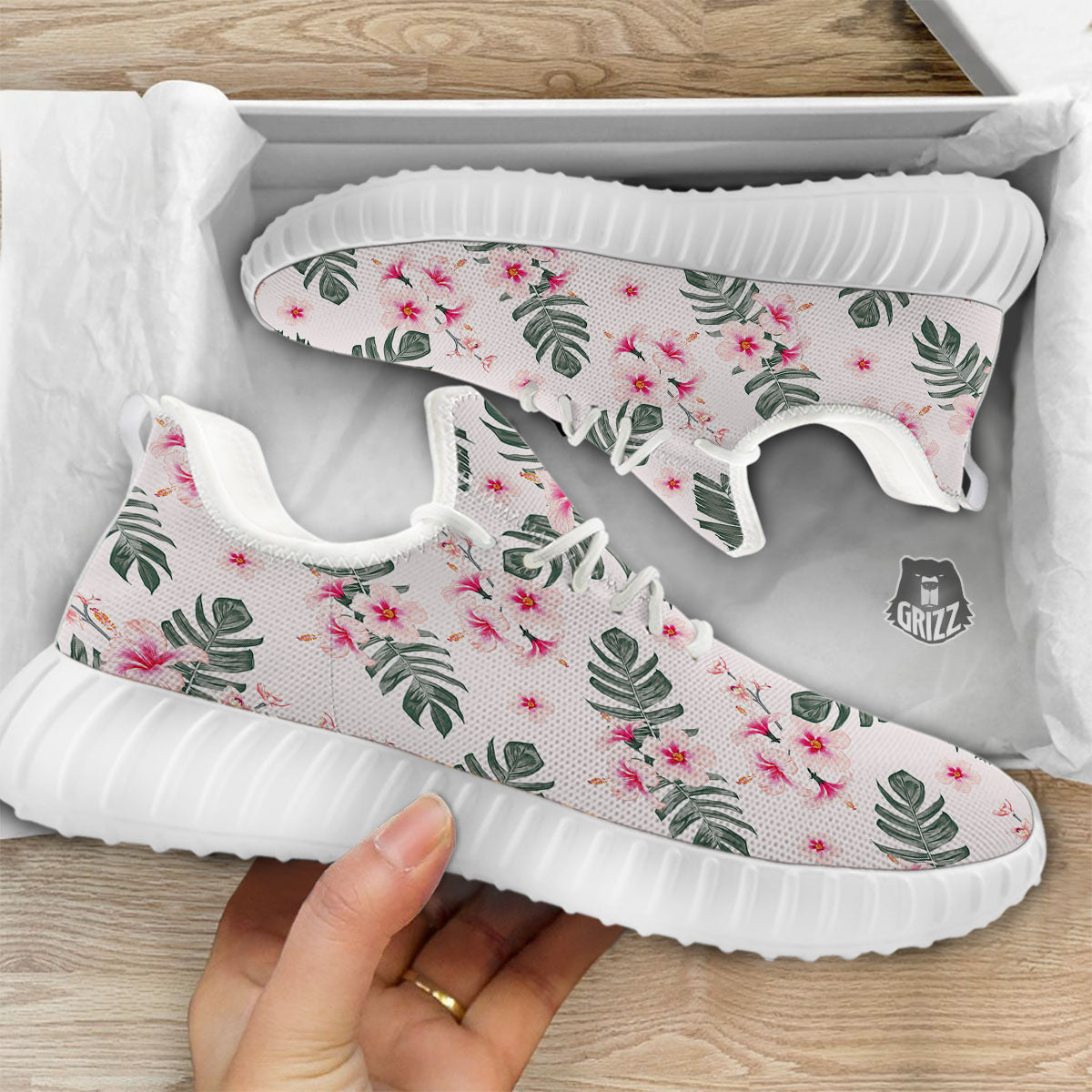 Tropical Pink Hibiscus Print Pattern White Walking Shoes-grizzshop
