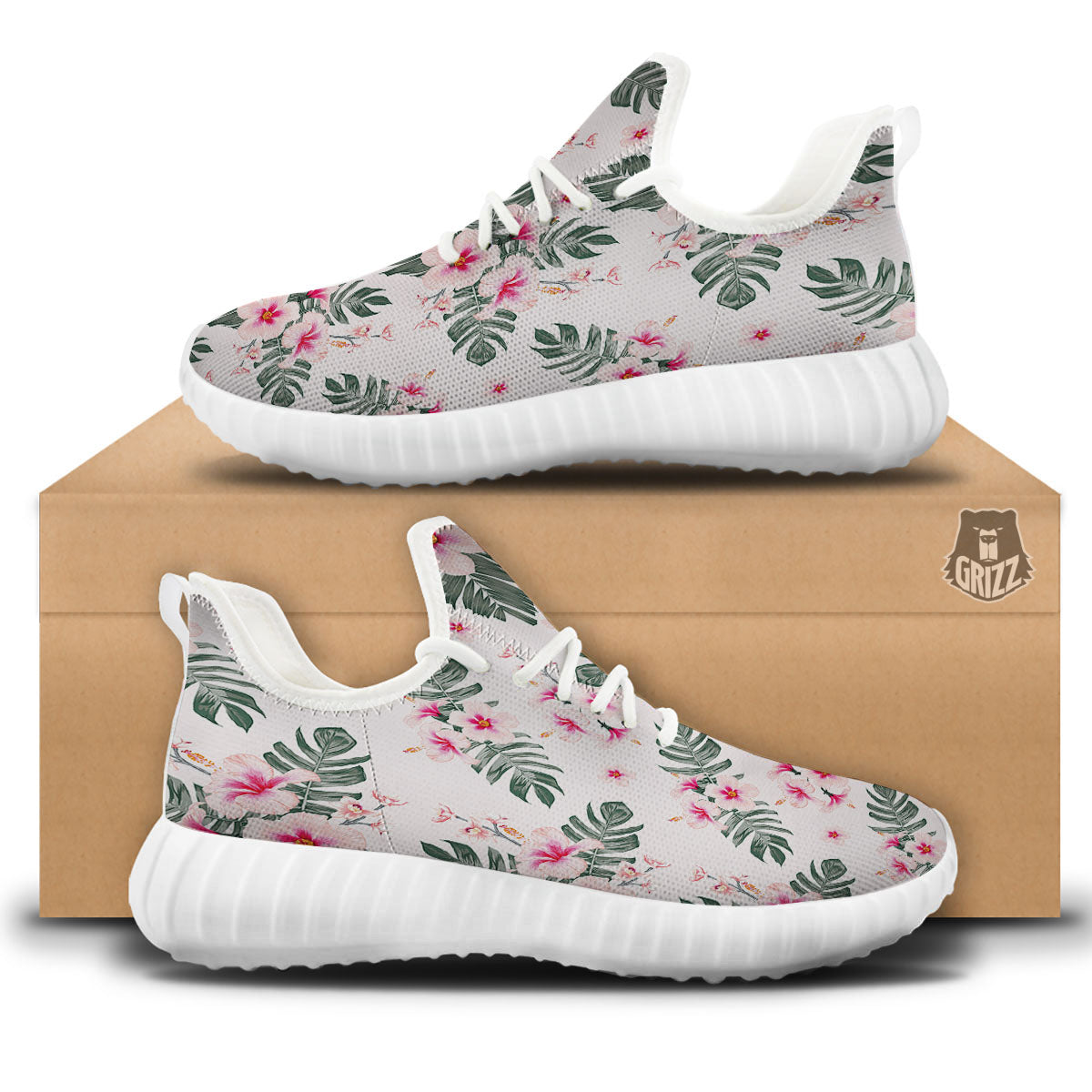 Tropical Pink Hibiscus Print Pattern White Walking Shoes-grizzshop