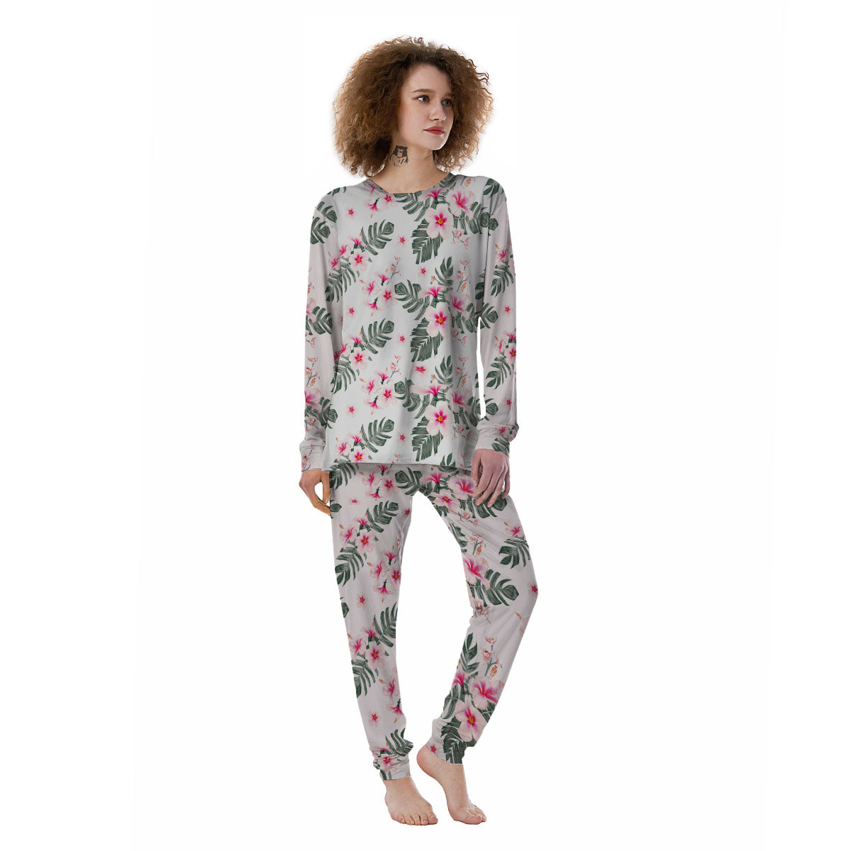 Tropical Pink Hibiscus Print Pattern Women's Pajamas-grizzshop