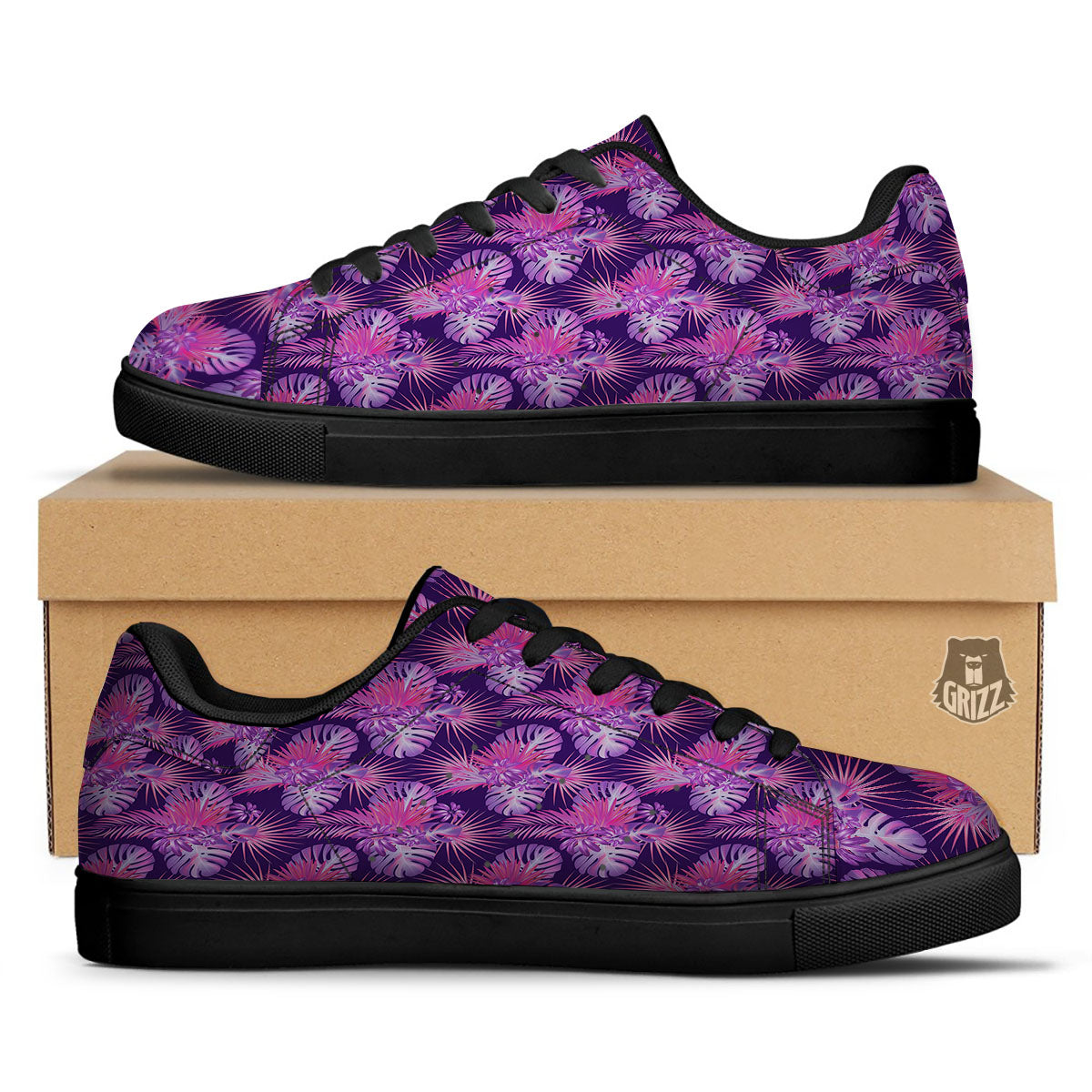 Tropical Purple Print Pattern Black Low Top Sneakers-grizzshop