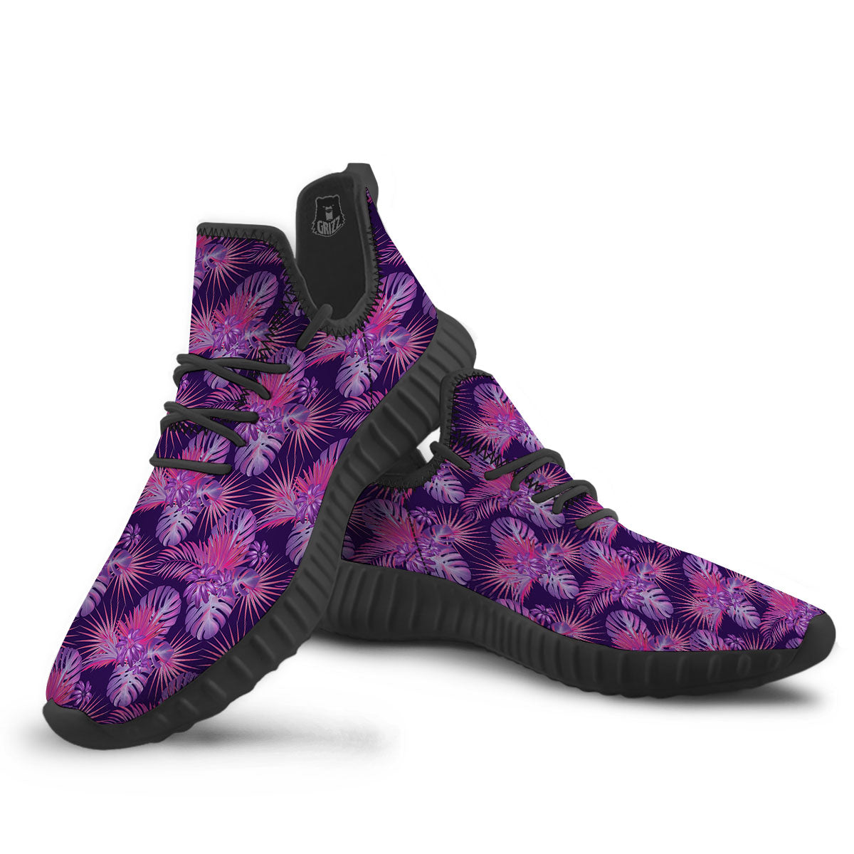 Tropical Purple Print Pattern Black Walking Shoes-grizzshop
