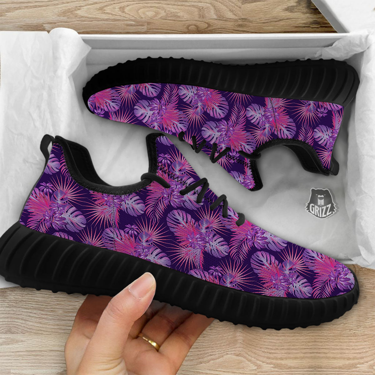 Tropical Purple Print Pattern Black Walking Shoes-grizzshop