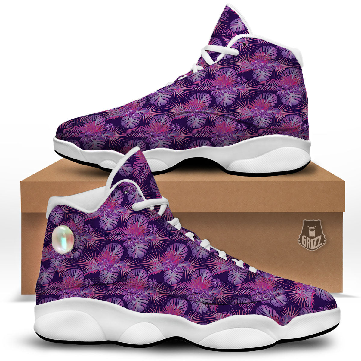 Tropical Purple Print Pattern White Basketball Shoes-grizzshop