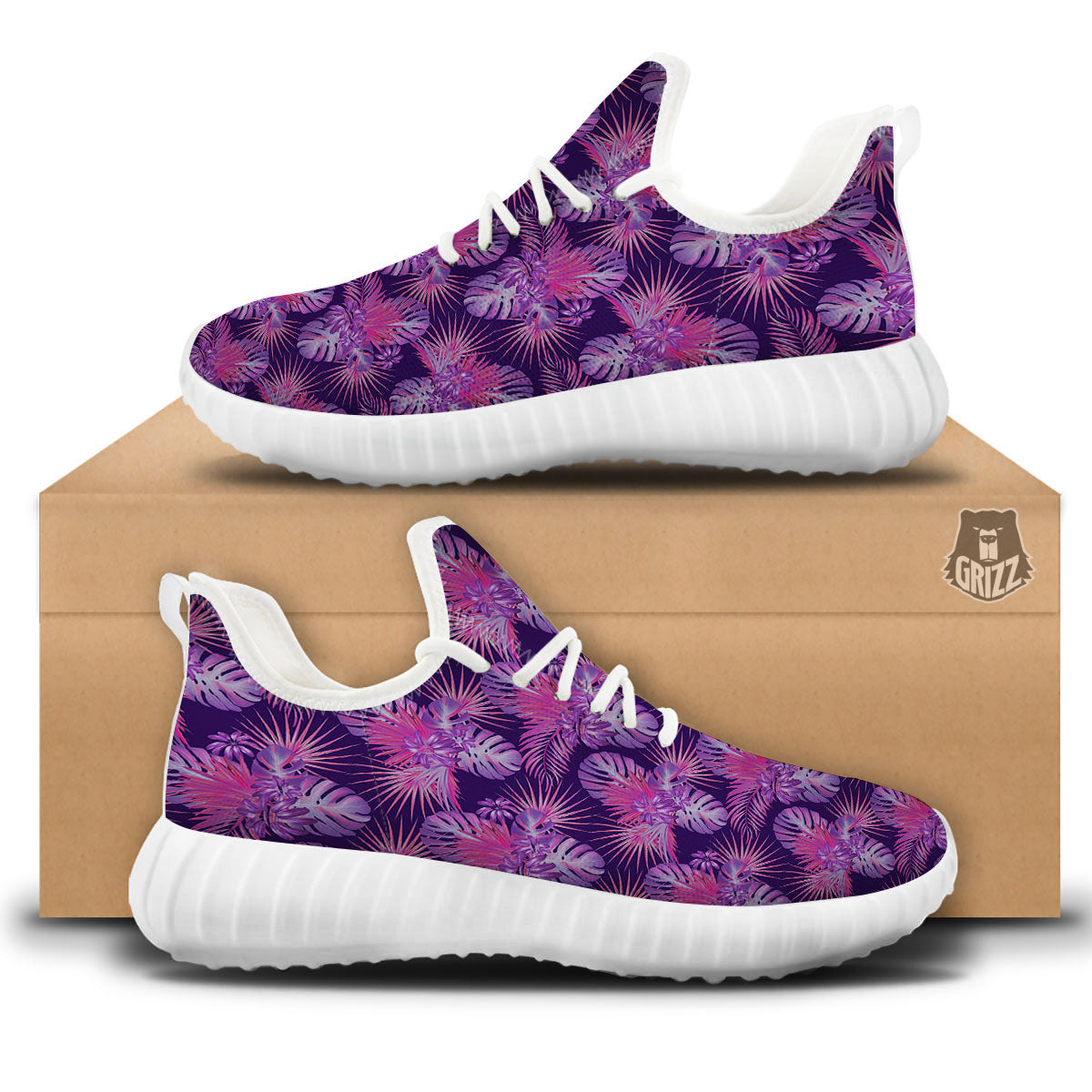 Tropical Purple Print Pattern White Walking Shoes-grizzshop