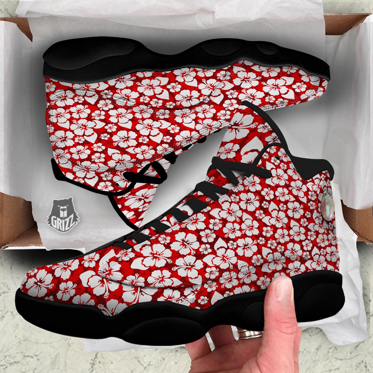 Tropical Red Hawaiian Print Pattern Black Basketball Shoes-grizzshop