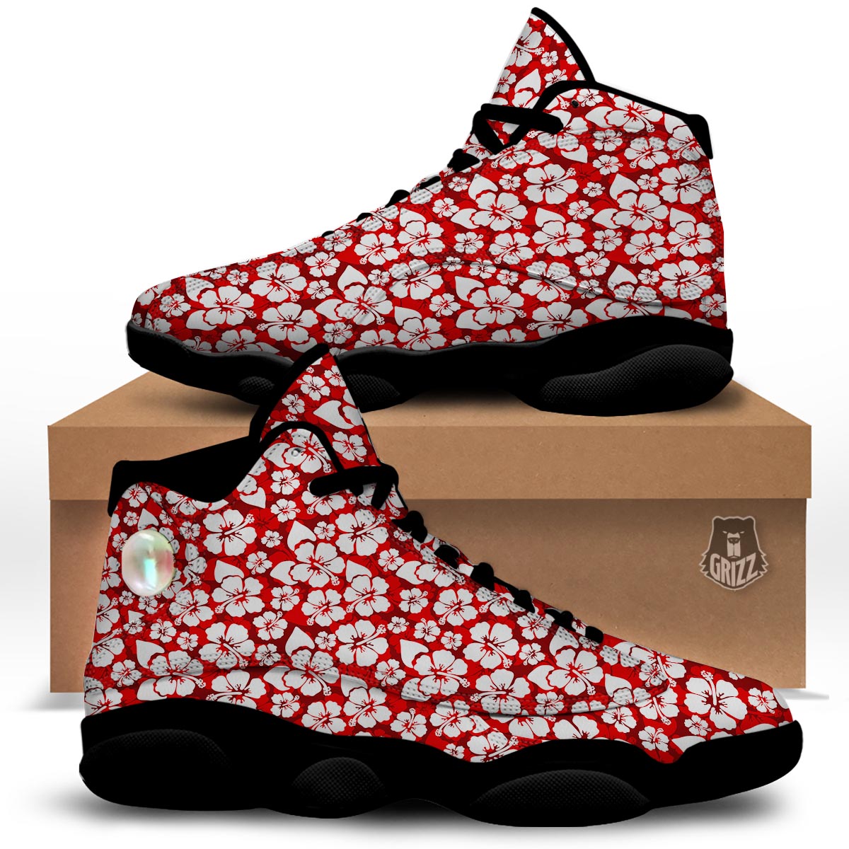 Tropical Red Hawaiian Print Pattern Black Basketball Shoes-grizzshop