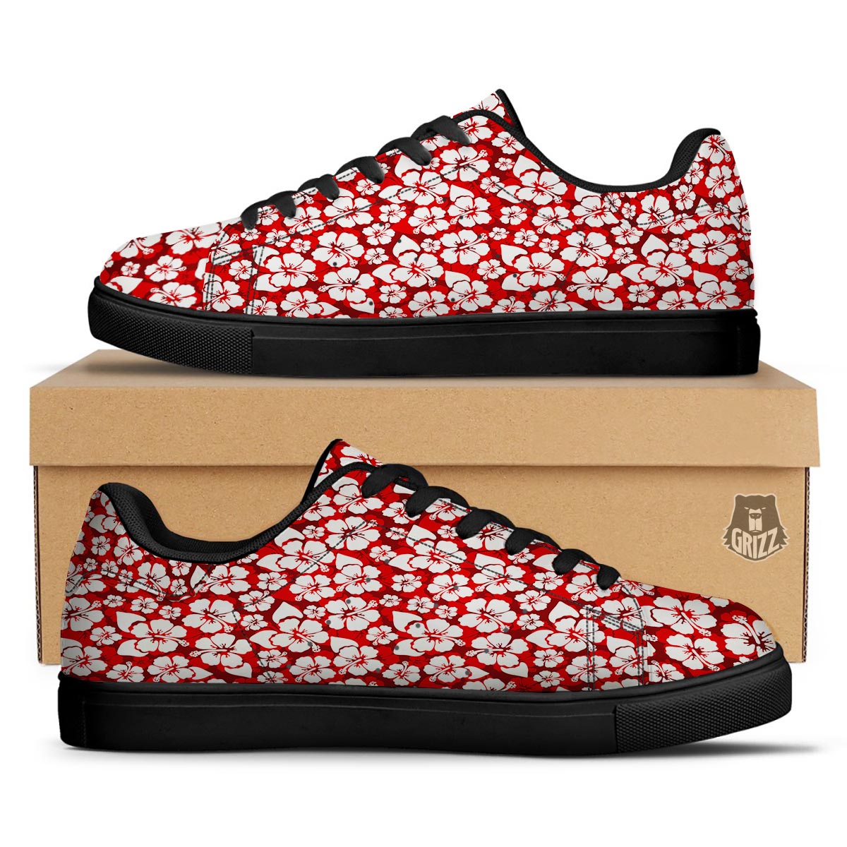 Tropical Red Hawaiian Print Pattern Black Low Top Sneakers-grizzshop