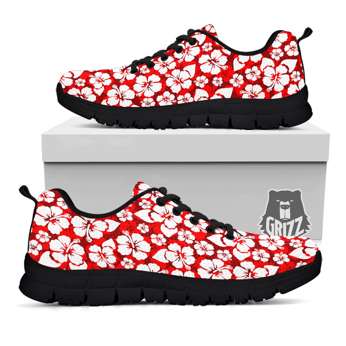 Tropical Red Hawaiian Print Pattern Black Sneaker-grizzshop