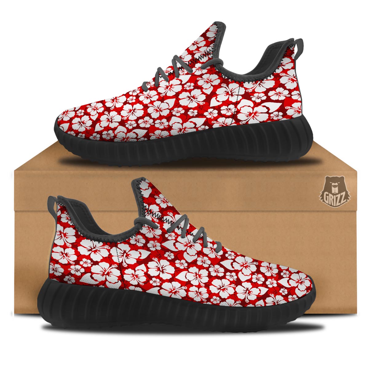 Tropical Red Hawaiian Print Pattern Black Walking Shoes-grizzshop