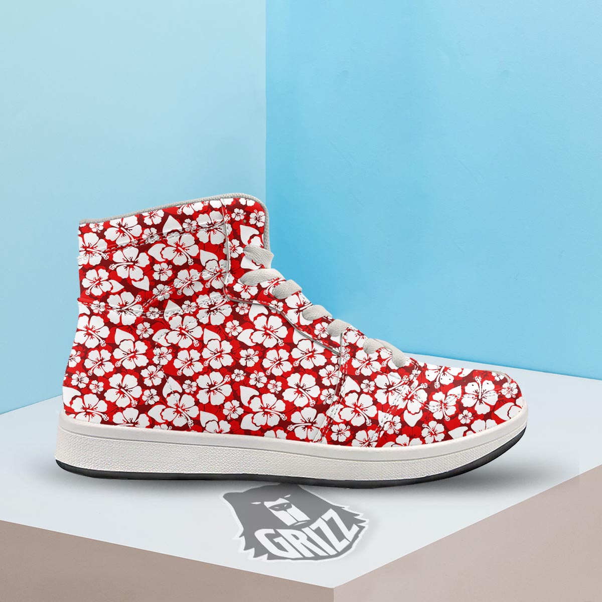 Tropical Red Hawaiian Print Pattern High Top Sneakers-grizzshop