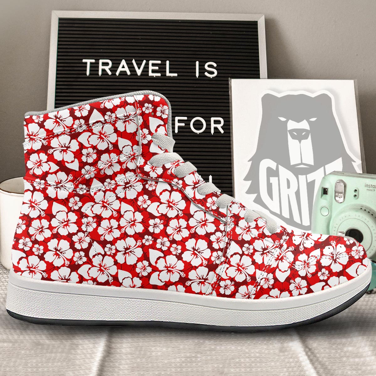 Tropical Red Hawaiian Print Pattern High Top Sneakers-grizzshop