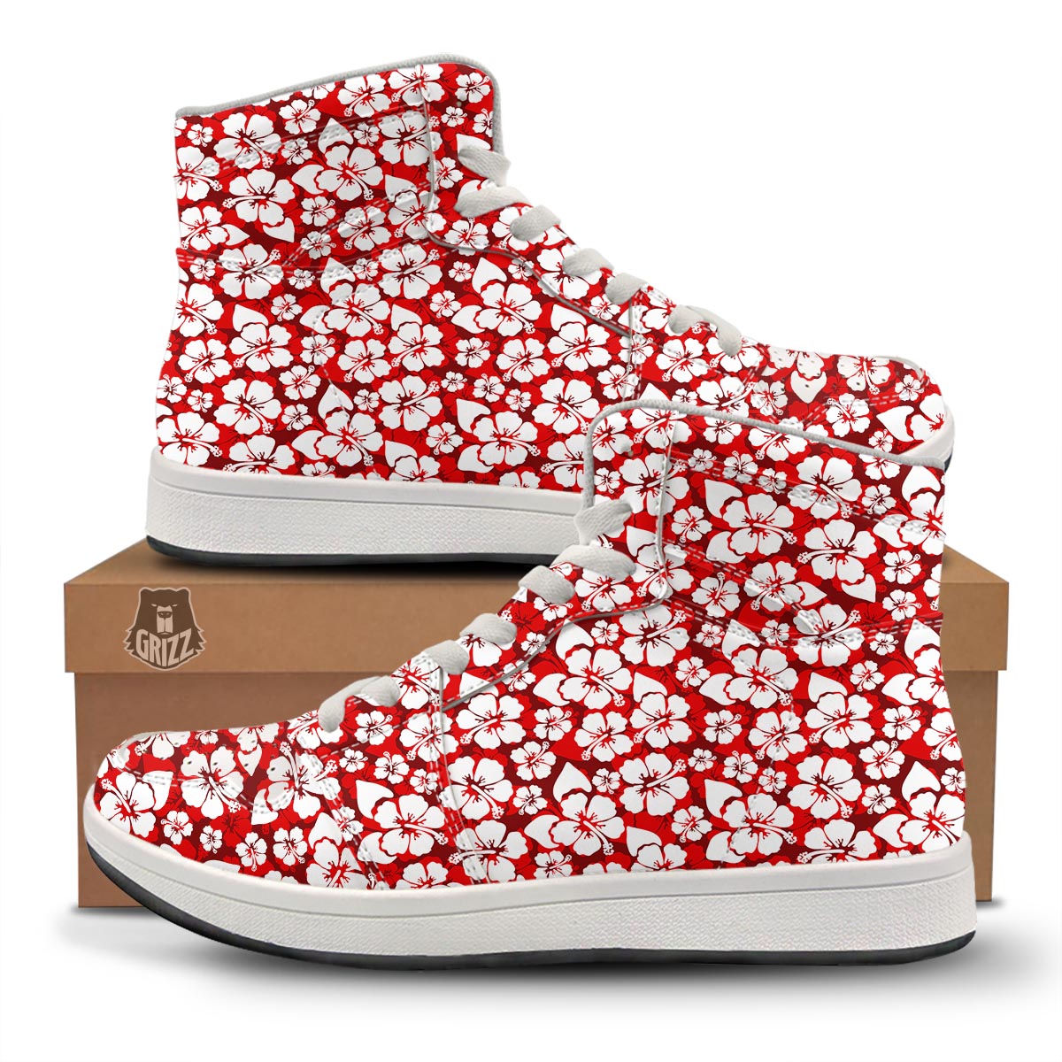 Tropical Red Hawaiian Print Pattern High Top Sneakers-grizzshop
