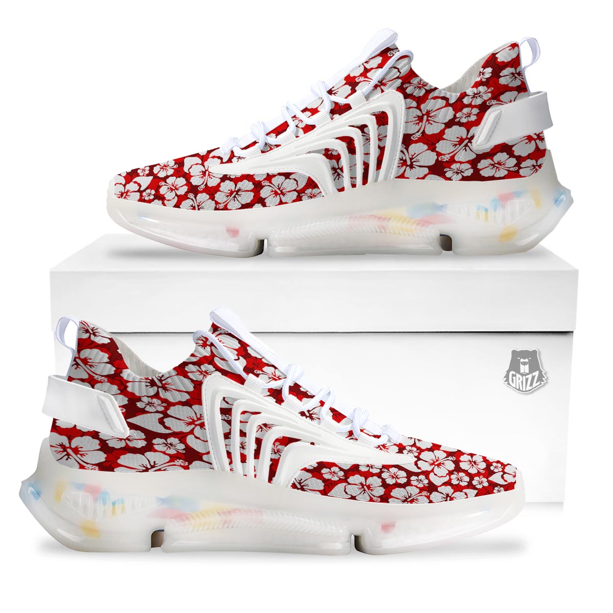 Tropical Red Hawaiian Print Pattern White Gym Shoes-grizzshop