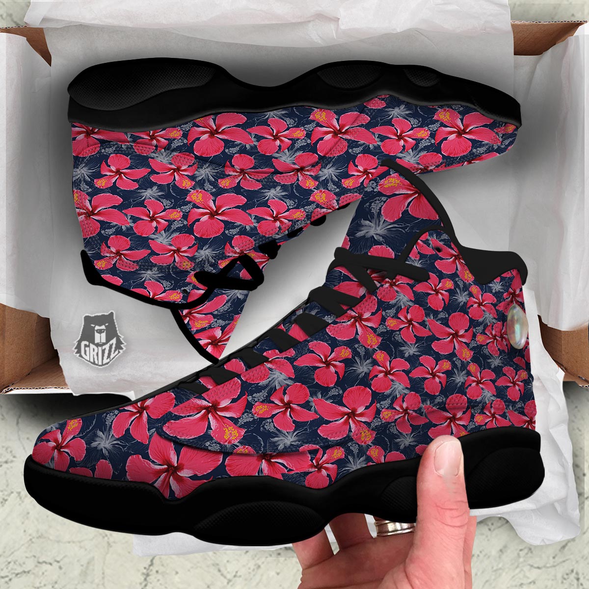 Tropical Red Hibiscus Print Pattern Black Basketball Shoes-grizzshop