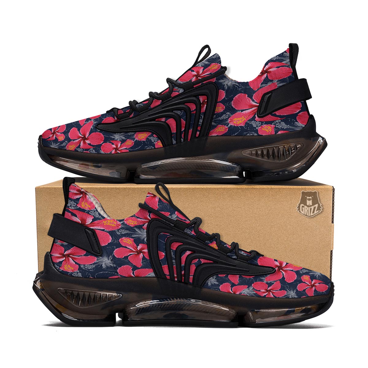 Tropical Red Hibiscus Print Pattern Black Gym Shoes-grizzshop
