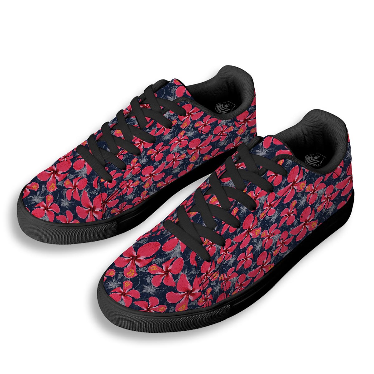 Tropical Red Hibiscus Print Pattern Black Low Top Sneakers-grizzshop