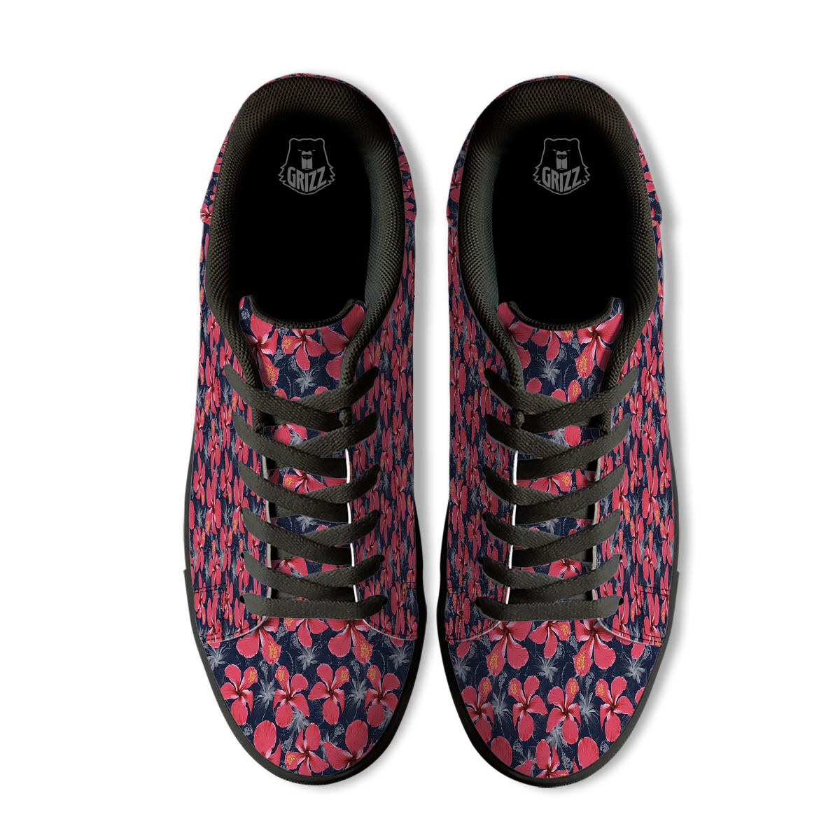 Tropical Red Hibiscus Print Pattern Black Low Top Sneakers-grizzshop