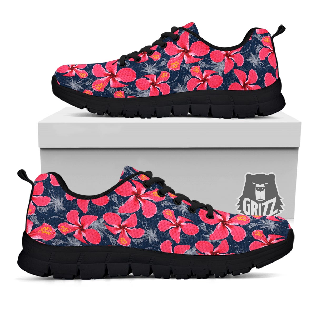 Tropical Red Hibiscus Print Pattern Black Sneaker-grizzshop