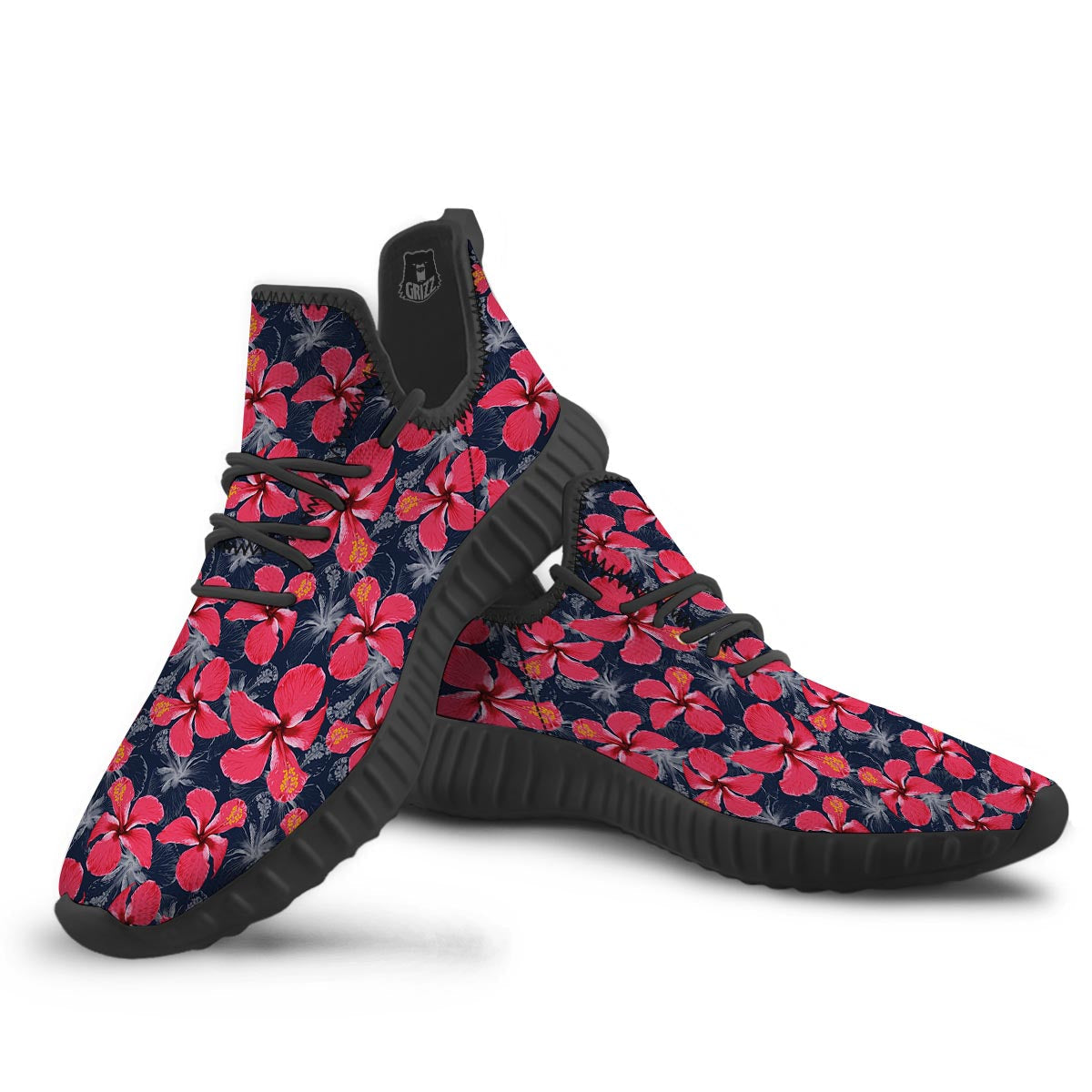 Tropical Red Hibiscus Print Pattern Black Walking Shoes-grizzshop