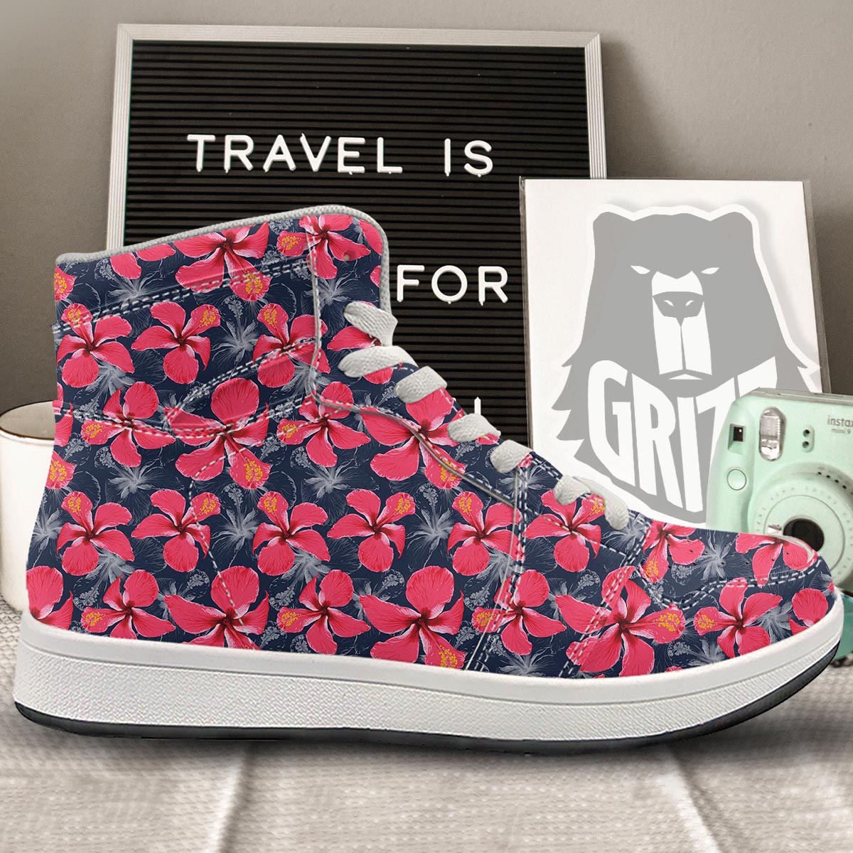 Tropical Red Hibiscus Print Pattern High Top Sneakers-grizzshop