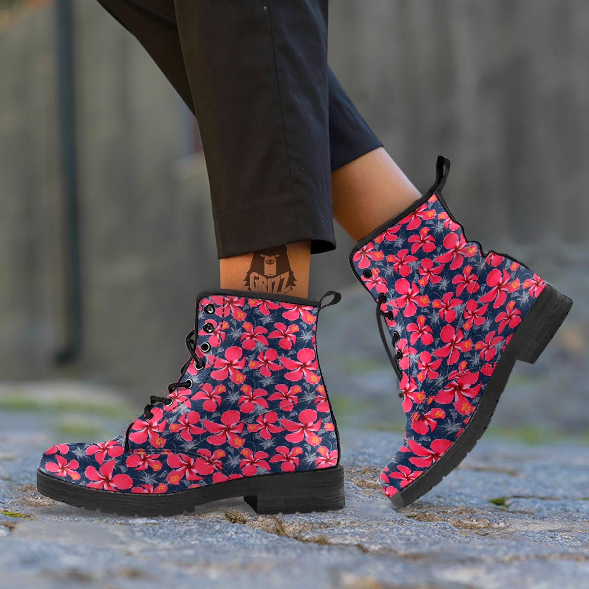 Tropical Red Hibiscus Print Pattern Leather Boots-grizzshop