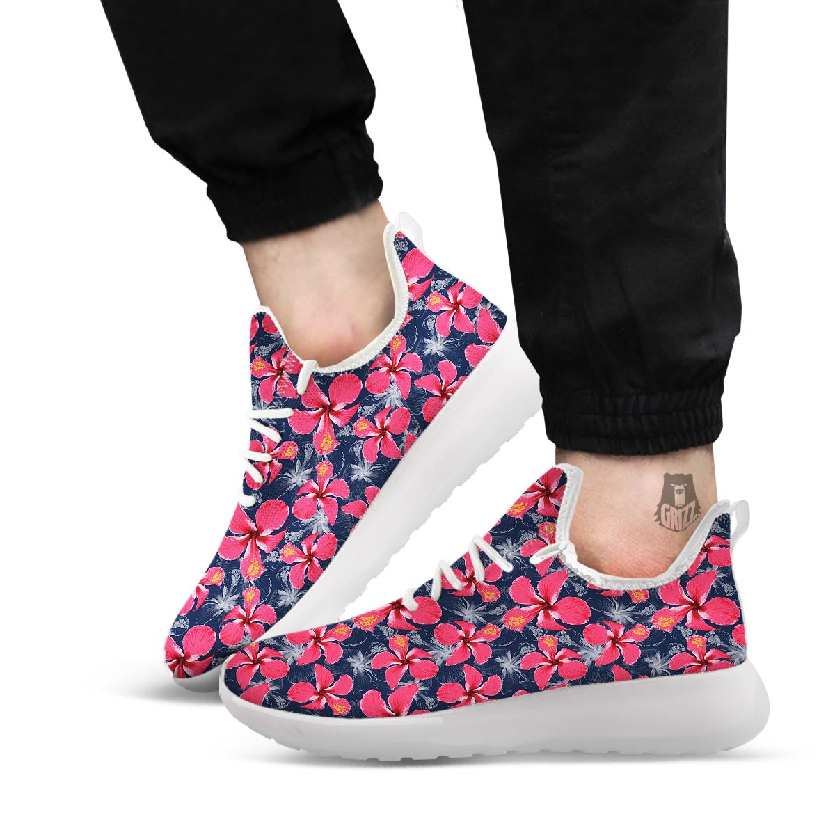Tropical Red Hibiscus Print Pattern White Athletic Shoes-grizzshop