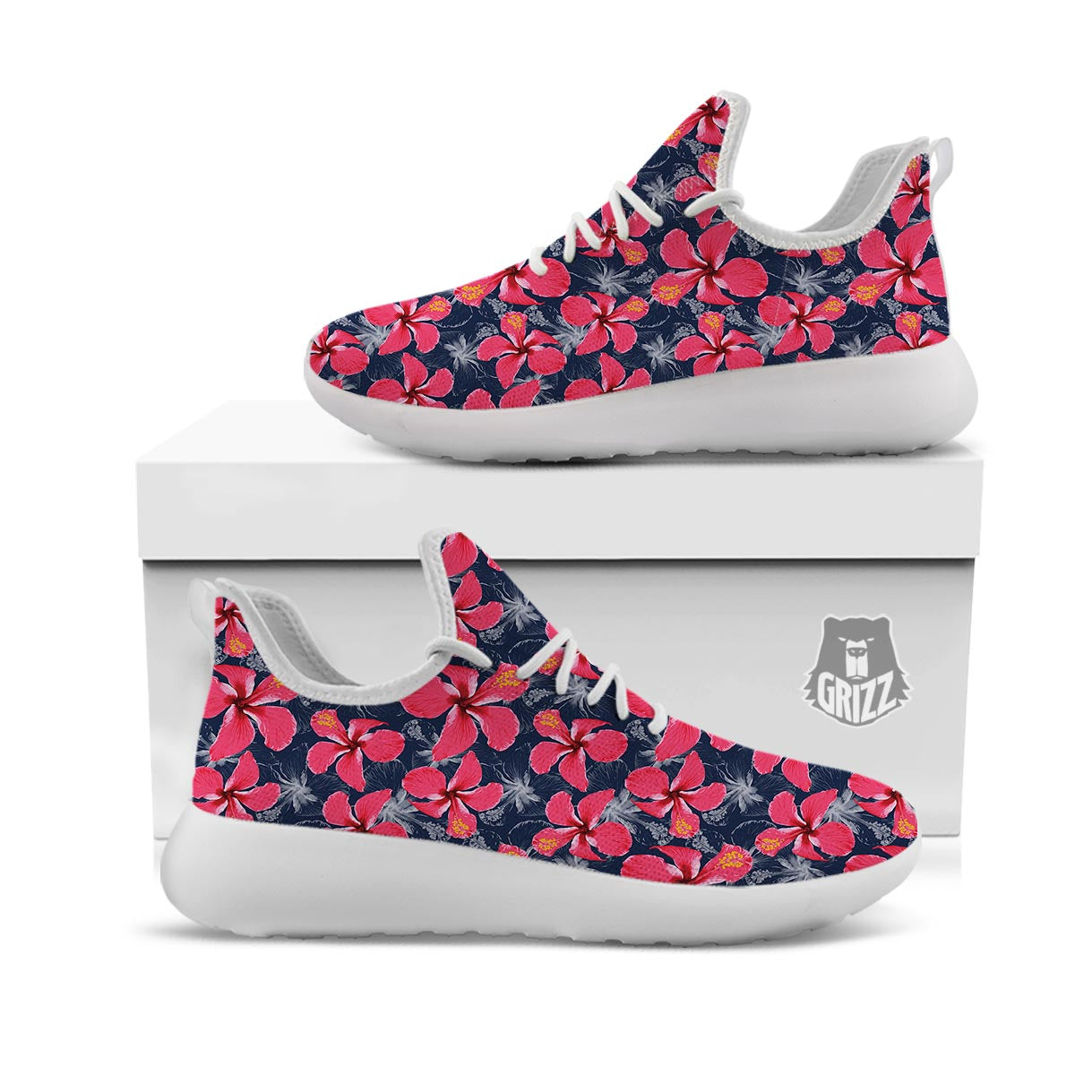 Tropical Red Hibiscus Print Pattern White Athletic Shoes-grizzshop