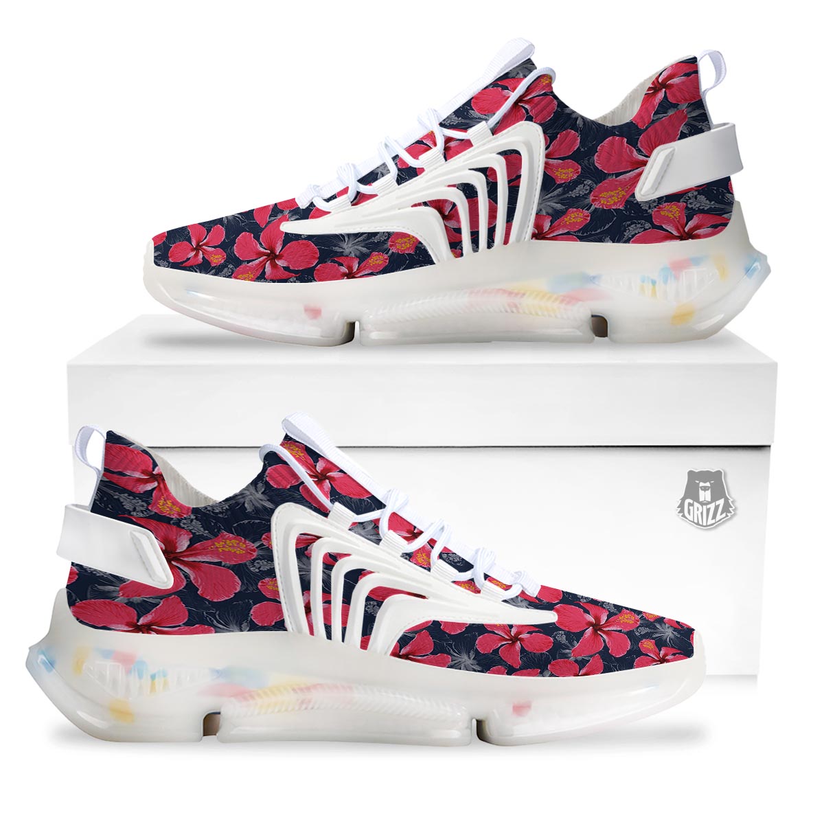 Tropical Red Hibiscus Print Pattern White Gym Shoes-grizzshop