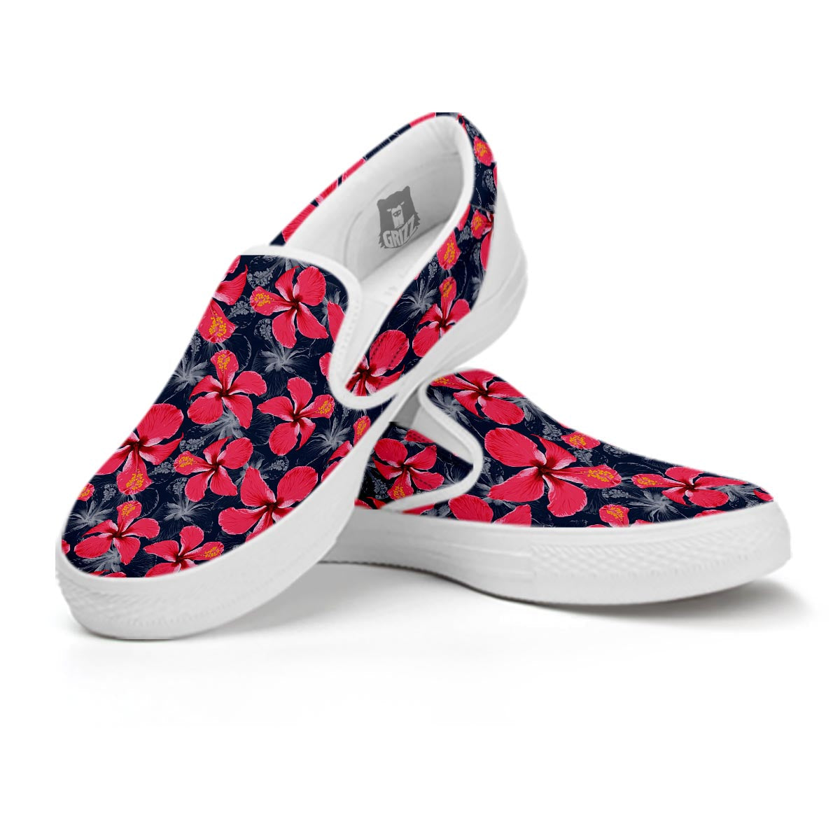 Tropical Red Hibiscus Print Pattern White Slip On Shoes-grizzshop