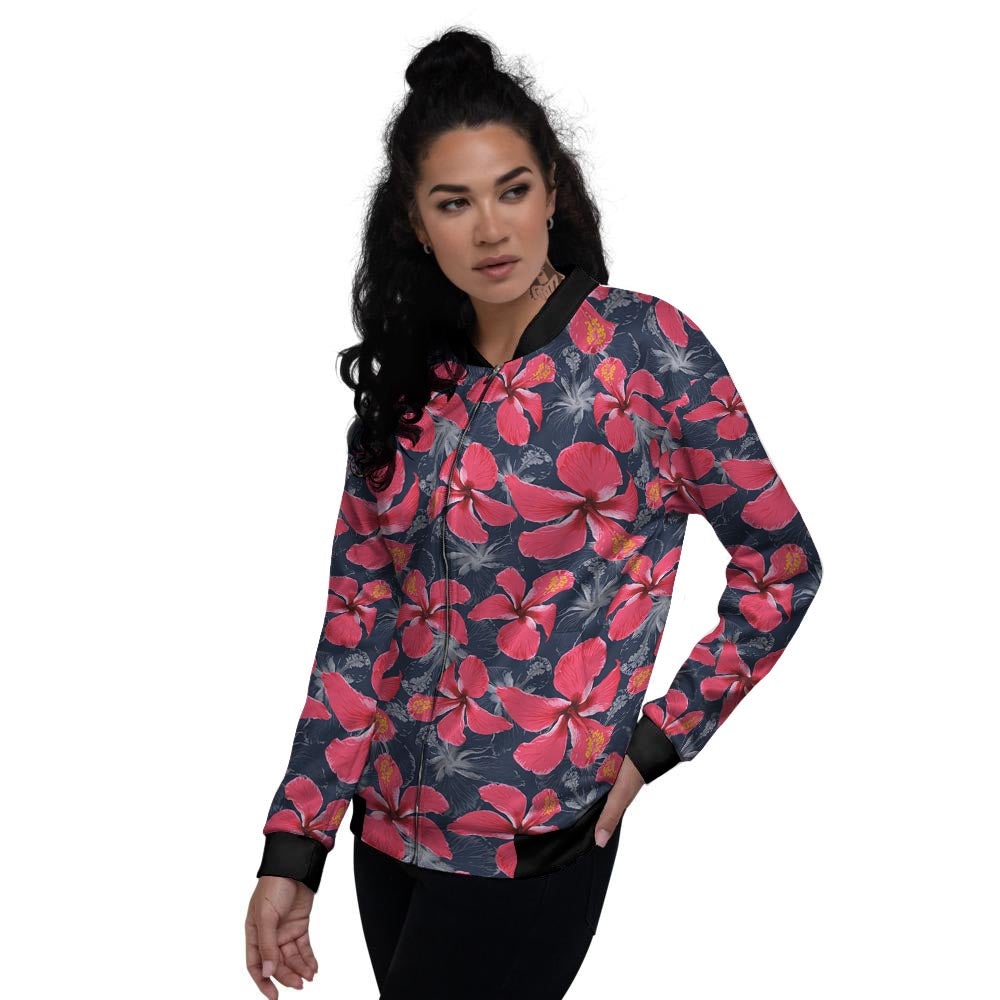 Tropical Red Hibiscus Print Pattern Women's Bomber Jacket-grizzshop