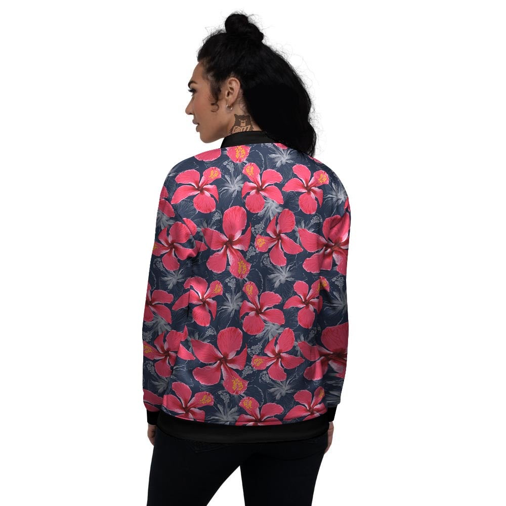 Tropical Red Hibiscus Print Pattern Women's Bomber Jacket-grizzshop