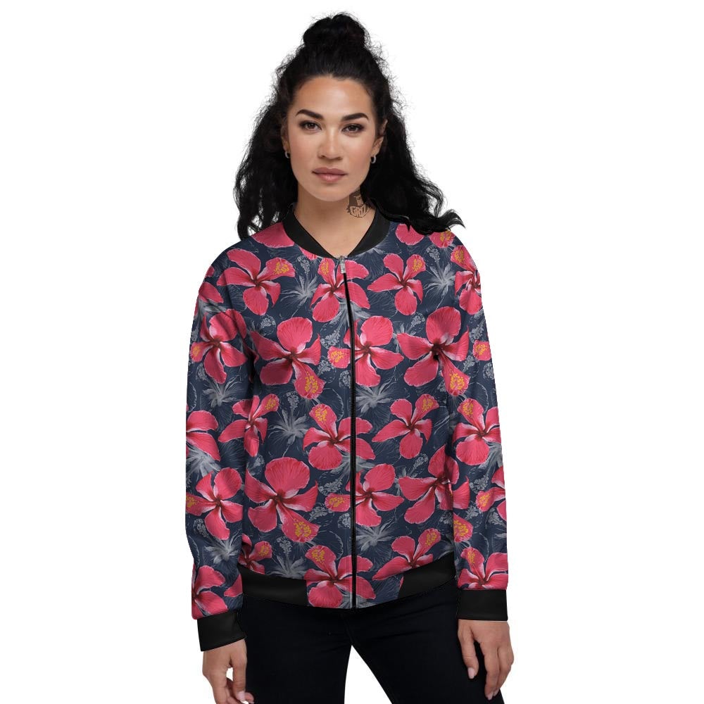 Tropical Red Hibiscus Print Pattern Women's Bomber Jacket-grizzshop