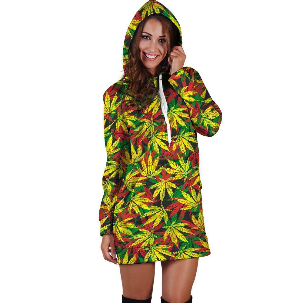 Tropical Reggae Leaf Hoodie Dress-grizzshop