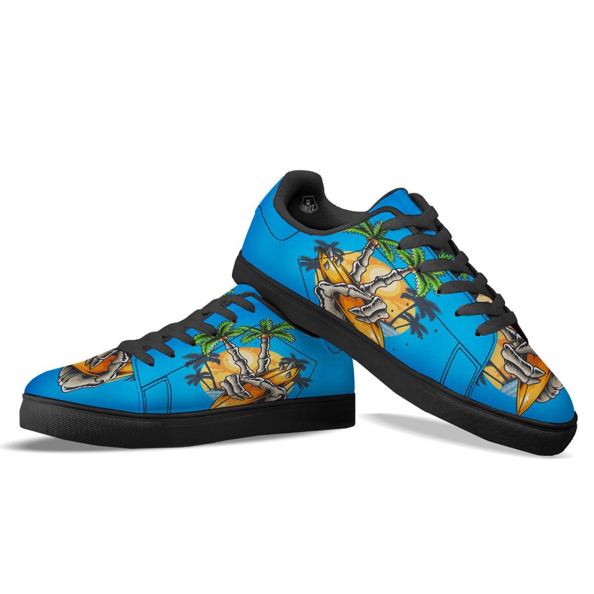 Tropical Skull Hand Print Black Low Top Sneakers-grizzshop