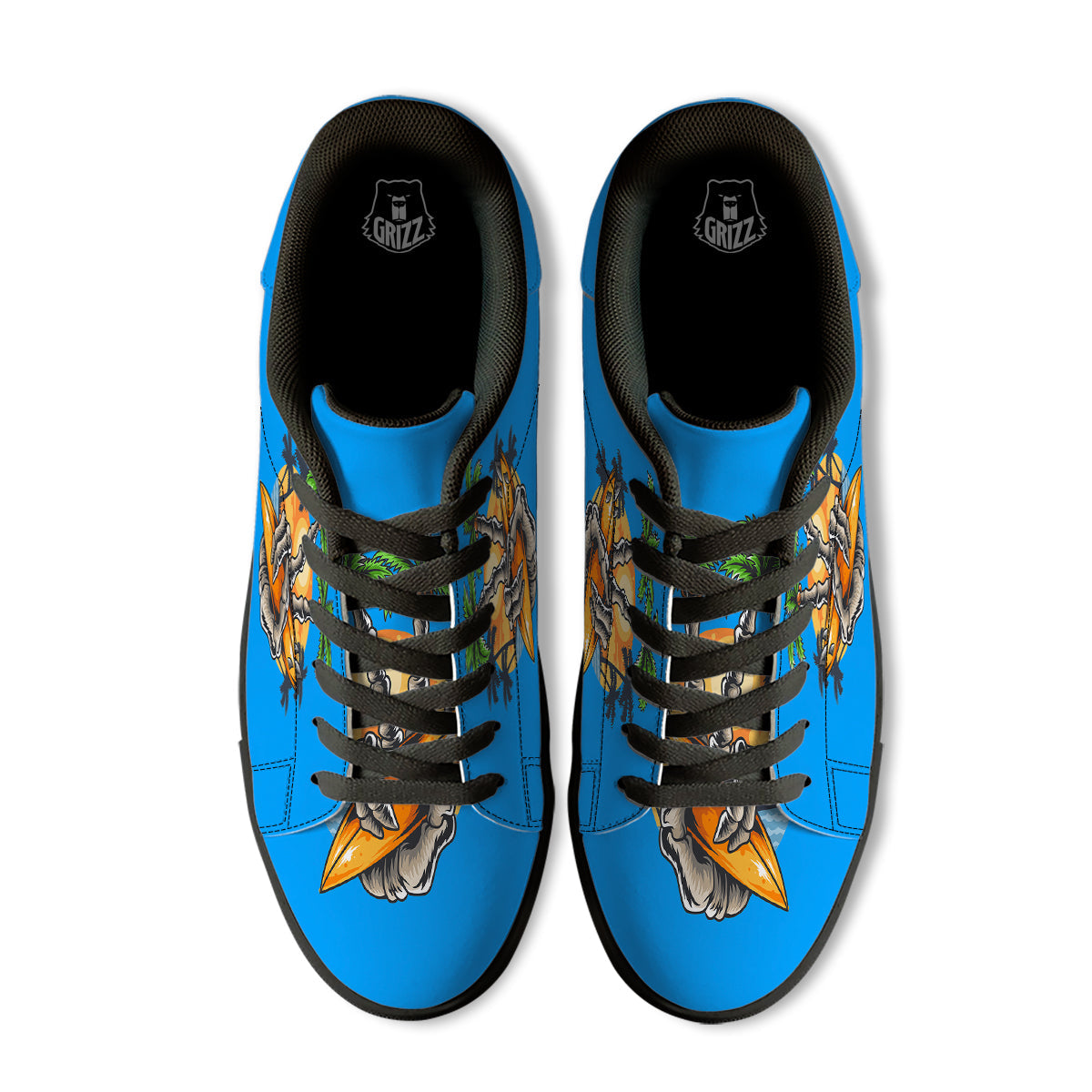 Tropical Skull Hand Print Black Low Top Sneakers-grizzshop