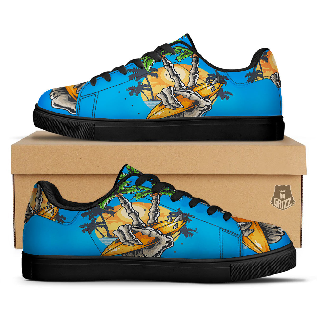 Tropical Skull Hand Print Black Low Top Sneakers-grizzshop