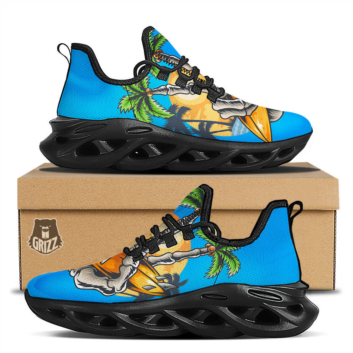 Tropical Skull Hand Print Black Running Shoes-grizzshop
