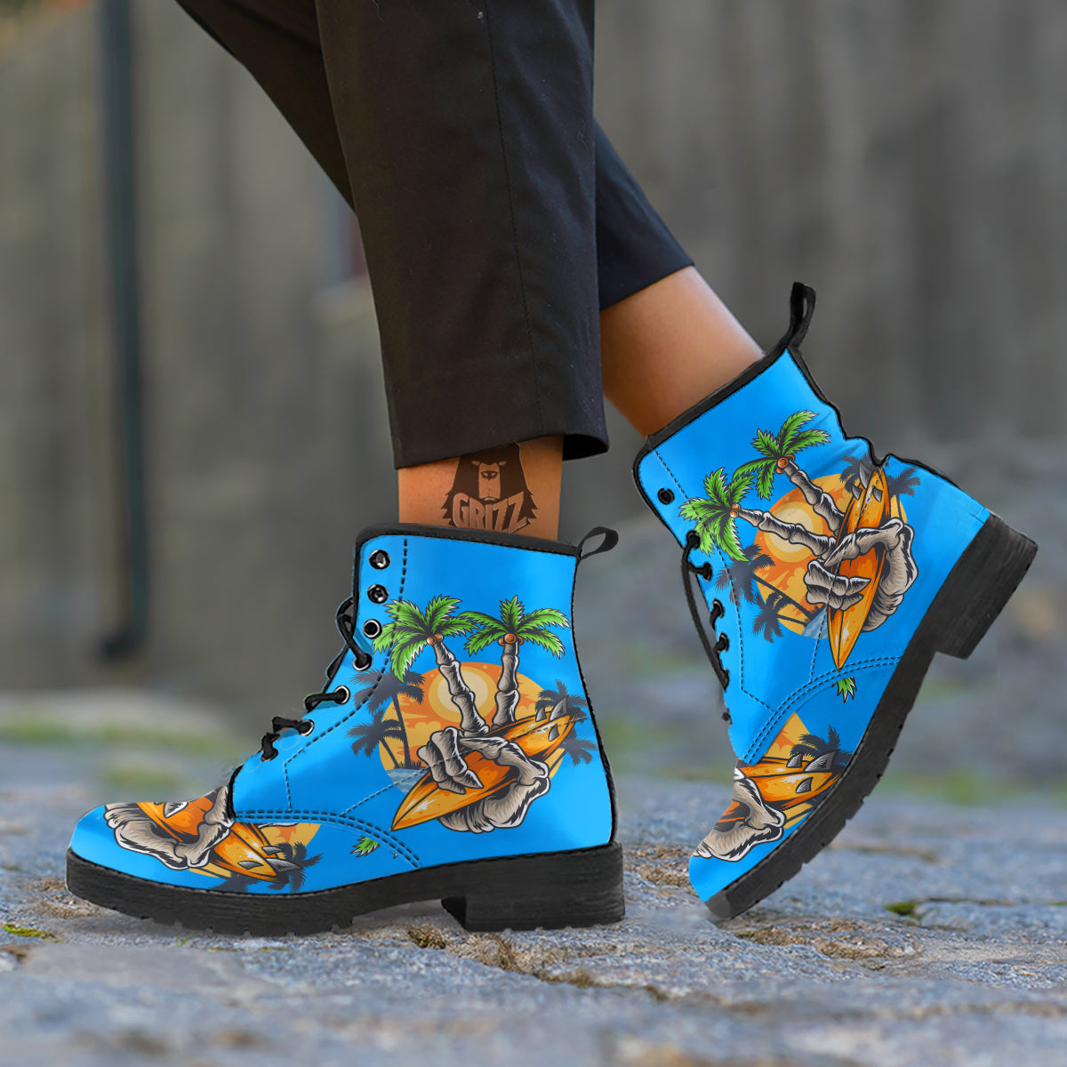 Tropical Skull Hand Print Leather Boots-grizzshop