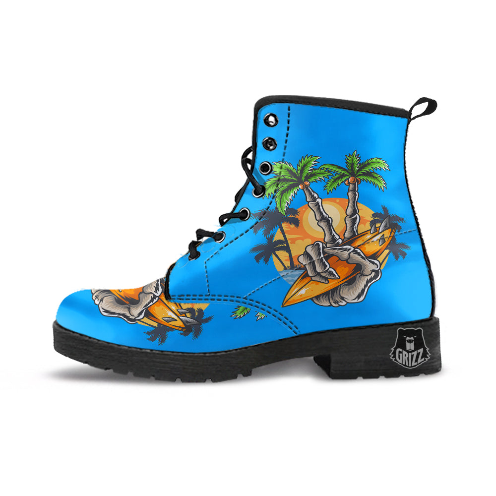 Tropical Skull Hand Print Leather Boots-grizzshop