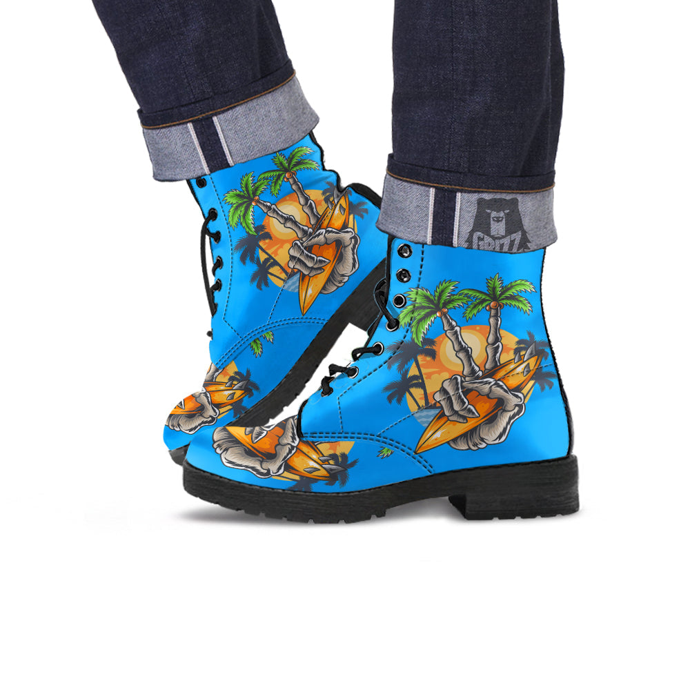 Tropical Skull Hand Print Leather Boots-grizzshop