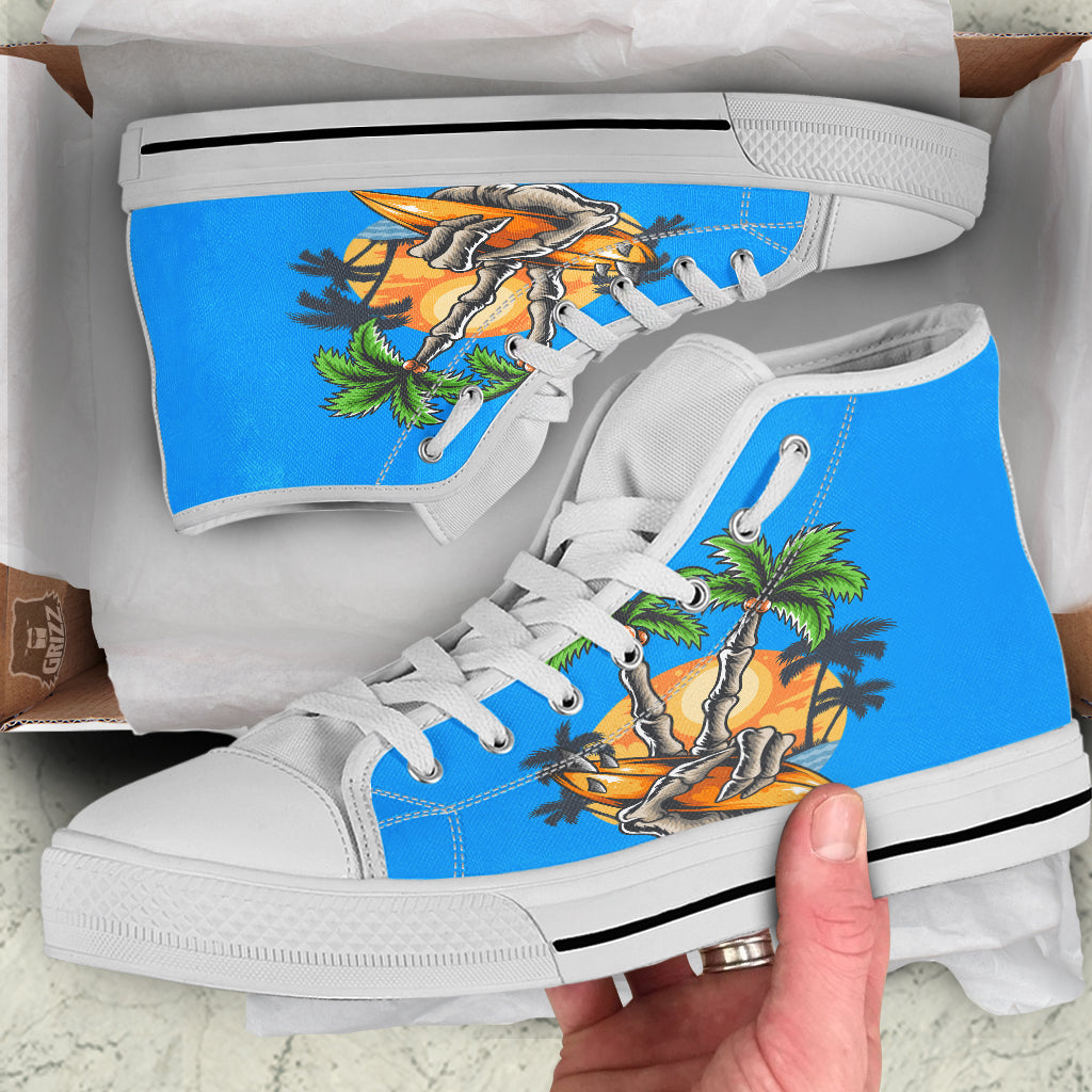 Tropical Skull Hand Print White High Top Shoes-grizzshop